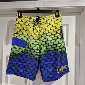 Da Hui Board Shorts Mens 30 Yellow Multi Surf Swim Stretch Performance Cargo New
